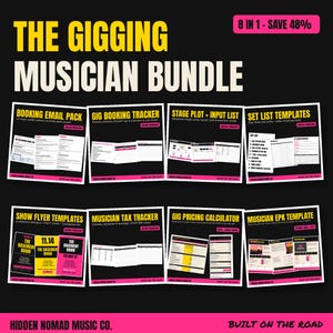 Live-Musiker-Paket, 8 Bandvorlagen: Buchungs-E-Mails, Gig-Tracker, Preisrechner, EPK, Bühnenplan, Setliste, Flyer, Steuer-Tracker