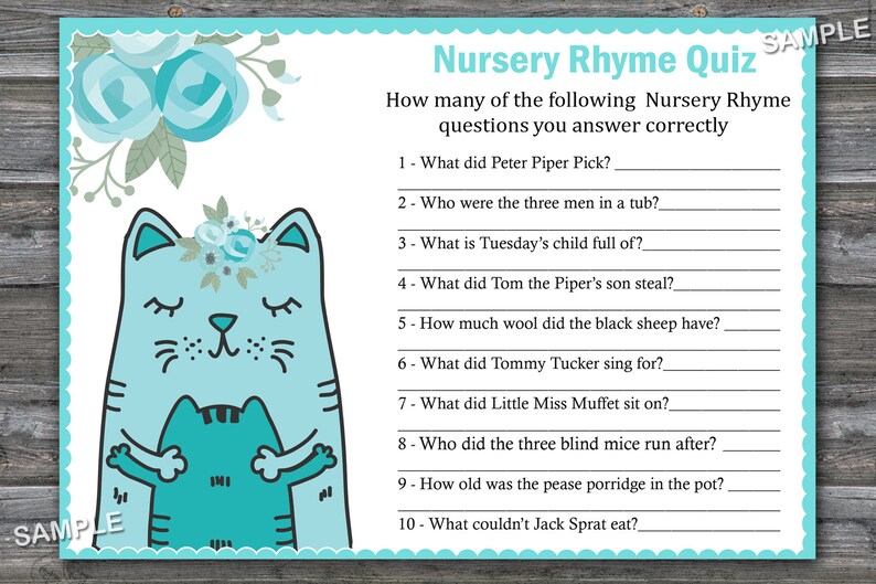 Sat And Kitten Baby Shower Game Blue Cat Nursery Rhyme Quiz Etsy
