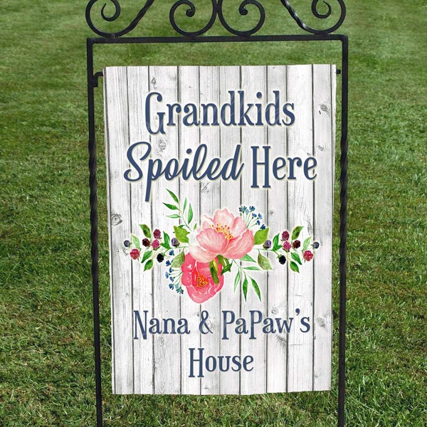 Grandkids Spoiled Here, add your personalization, Garden Flag, roses or sunflowers, faux wood background, 12"x16" one sided, heat set