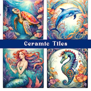 May include: Four ceramic tiles with underwater scenes. The first tile features a colorful sea turtle swimming in a blue and purple ocean. The second tile features a blue dolphin jumping out of the water. The third tile features a mermaid with long red hair and a green tail. The fourth tile features a blue seahorse with yellow and orange flowers.