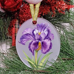 Christmas Ornament, 3" oval  Purple Iris, can be Personalized, Frosted Acrylic