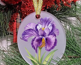 Christmas Ornament, 3" oval  Purple Iris, can be Personalized, Frosted Acrylic