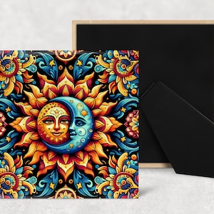 May include: A colourful square tile featuring a sun and moon design. The sun is yellow and orange with a smiling face. The moon is blue and crescent shaped. The background is black with intricate floral patterns in shades of blue, red, and yellow.