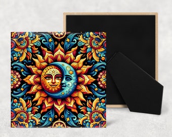 Mexican Sun and Moon, Art tile, Ceramic tile, 4"x4", 6"x6", decorative tile, trivet, easel back or plain back