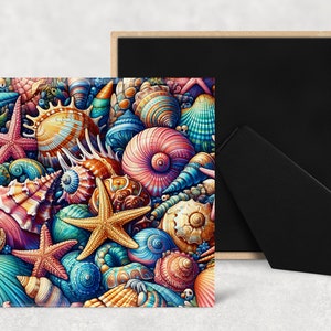 May include: A colorful square tile featuring a close-up of various seashells and starfish. The tile has a vibrant mix of blues, greens, pinks, yellows, and oranges. The shells are arranged in a random pattern, creating a visually appealing and textured design.