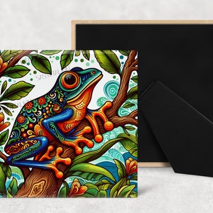 May include: A colorful, detailed illustration of a frog sitting on a branch with green leaves and flowers. The frog is blue, orange, and green with intricate patterns.