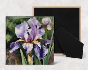 Purple Iris, Art tile, Ceramic tile, 4"x4", 6"x6" or 8"x8", watercolor, decorative tile, trivet, easel back or plain back