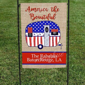 Flag, Camper,America the Beautiful, Personalized, Red White Blue, Americana Flag, Veterans Day, 4th of July Flag, 12&quot;x16&quot; heat set one sided