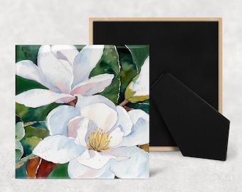 Magnolia, Azulejo artístico, Azulejo cerámico, 4"x4", 6"x6", acuarela, azulejo decorativo