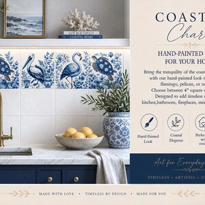 May include: Hand-painted ceramic tiles with a coastal theme, featuring blue and white designs of a flamingo, turtle, and pelican. The tiles are 4 or 6 inches square and suitable for kitchens and bathrooms.