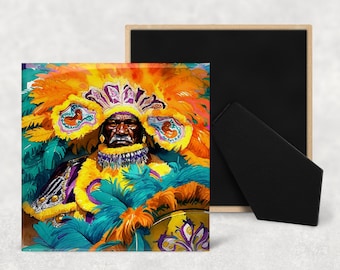 May include: A colorful portrait of a person wearing a Mardi Gras costume with a large feathered headdress, a purple, green, and gold beaded necklace, and a green, blue, and orange feathered boa.