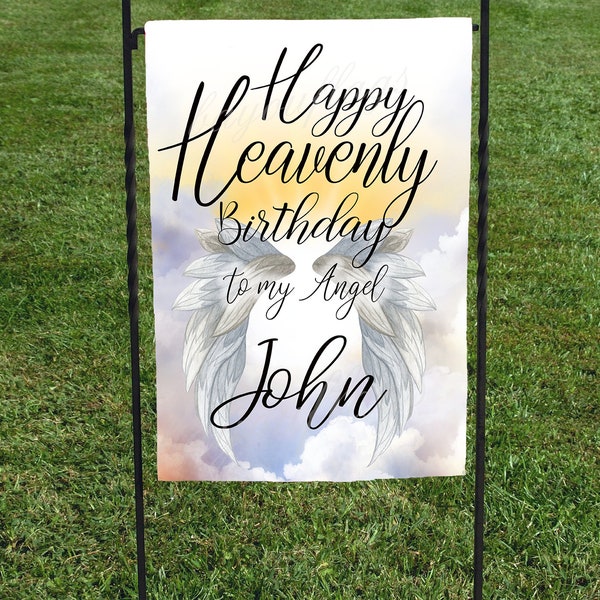 Happy Heavenly Birthday, Personalized with name, Garden Art, 12"x16", Watercolor, wings