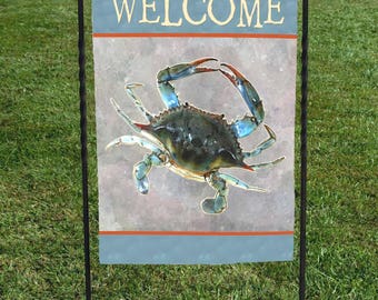 Blue Crab Garden Flag, Welcome, watercolor background, seafood, coastal, nautical,   12"x16"