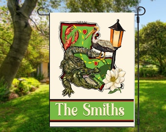 Personalized Louisiana Garden Flag, Alligator, Magnolia, Pelican (12"x18")