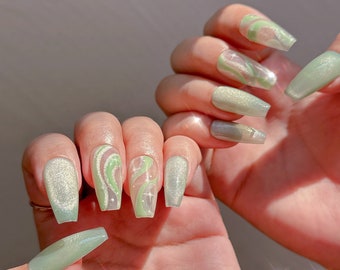 Matcha Swirl Luxury Reusable Press On Nails , Lovely Green Cat Eye Reflexive Light Nails , Cute Spring & Summer Nails , Sparkle Nails