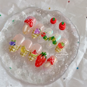 Caterpillar’s Fruit Basket Press On , Cute 3D Jelly Line, Hand Painted Nails , Rainbow Happy Vibes Nails , worm Nails , Fun 2025 Nails