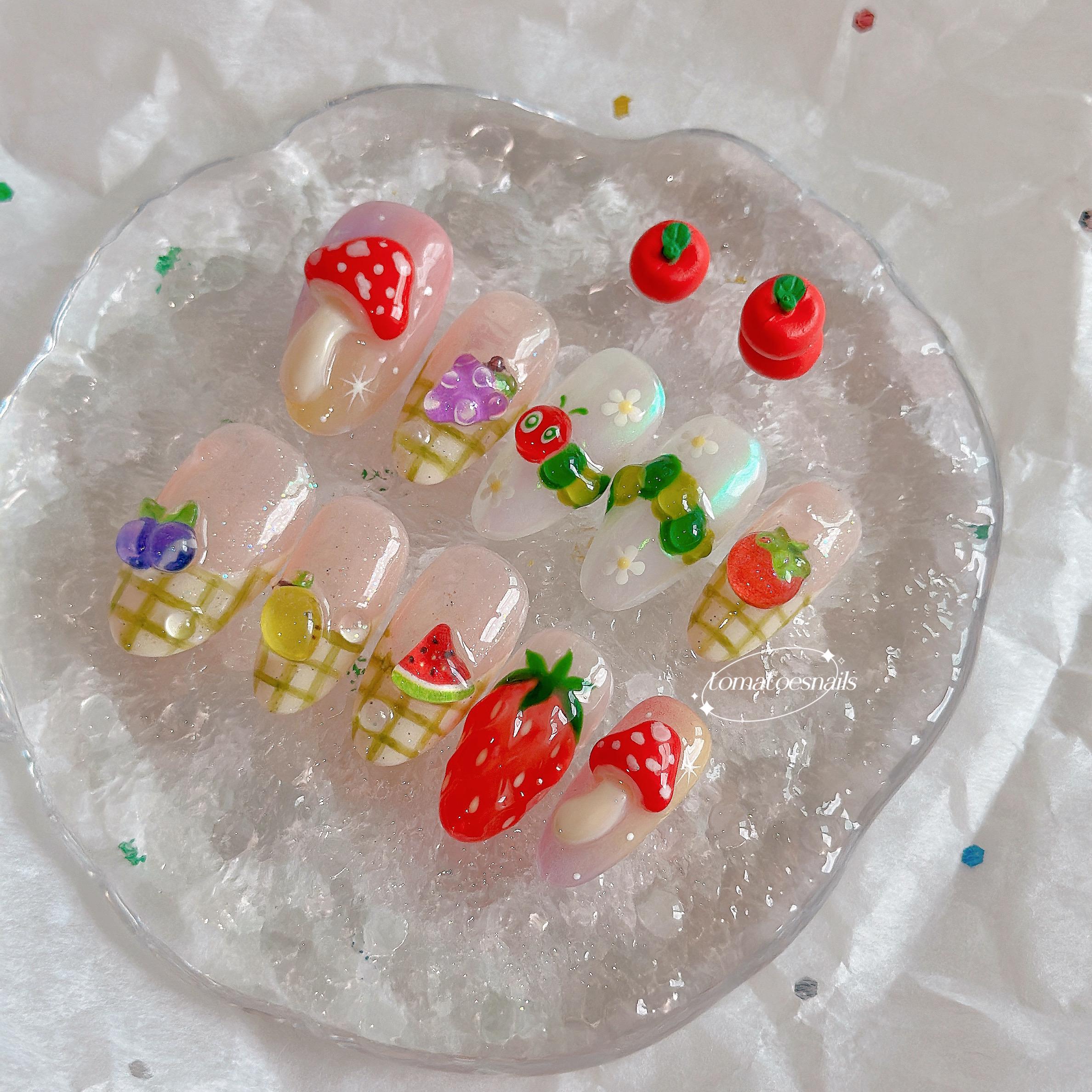 Caterpillar’s Fruit Basket Press On , Cute 3D Jelly Line, Hand Painted Nails , Rainbow Happy Vibes Nails , worm Nails , Fun 2025 Nails