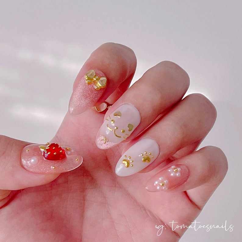 Strawberry Meow Cute Cat Press-on Nails Sweet Kitty Nails - Etsy