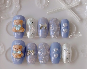 Cozy Blueberry Bear, Teddy Bear Nails, Pastel Nails, Bling Nails, Japanese Nails, 3D Bow & Glossy Shine nails, Cozy Sofa Press On Nails