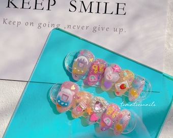 Y2K Vibes Game Nails (Read Description) , Rainbow Reflexive Flash Nails, Colorful Glitter Nails , Kawaii Charms Nails , Deco Nails