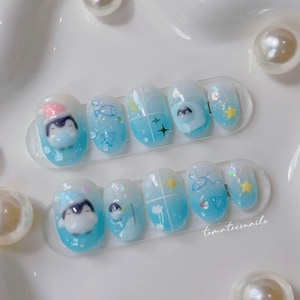 Winter Penguin, Cute Cozy Nails, Hand Painted 3D Glitter Nails, Sweet Baby Blue Nails, Cute Sleepy Penguin Nails, Handmade Reusable Nails