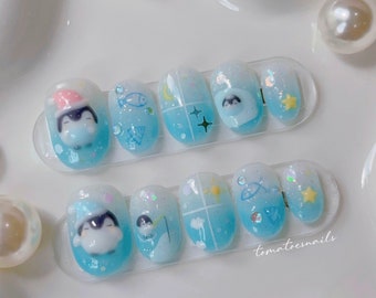 Winter Penguin, Cute Cozy Nails, Hand Painted 3D Glitter Nails, Sweet Baby Blue Nails, Cute Sleepy Penguin Nails, Handmade Reusable Nails