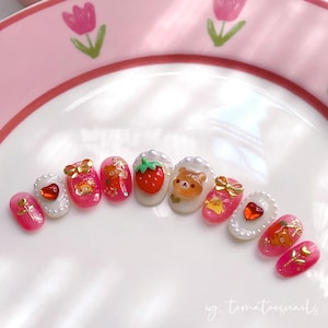Strawberry Bear, Kawaii Bear Nails , Cute Japanese Press-On Nails , Cute Strawberry Bear 3D Nails , Kuma Nails