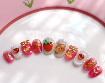 Strawberry Bear, Kawaii Bear Nails , Cute Japanese Press-On Nails , Cute Strawberry Bear 3D Nails , Kuma Nails