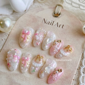 Swan Lace, Swan Nails, Cute Coquette Nails, Cute Pink Nails, 3D Nails, Wedding Nails, Bride nails,Cottage Core Nails, Custom Press On Nails