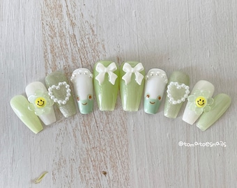 Little Froggy Nails , Sweet Frog Nails , Kawaii Jelly Green Frog Nails ,  Handmade Press On Nails , Reusable Nails