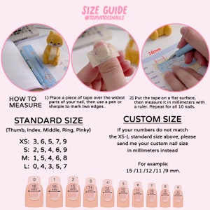 May include: A size guide for custom nail tips with a chart showing different sizes in millimeters. The chart includes the measurements for thumb, index, middle, ring, and pinky fingers. The guide also includes instructions on how to measure your nails using tape and a ruler.