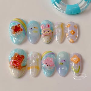 Happy Snorkeling Day, Cute Korean Nails , Handmade Bear Nails , Kawaii Pastel Rainbow Nails, Bunny Nails, Reusable Nail, Vacation Pool Nails