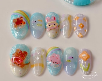 Fijne snorkeldag, schattige Koreaanse nagels, handgemaakte berennagels, kawaii pastel regenboognagels, konijntjesnagels, herbruikbare nagel, vakantiezwembadnagels, kawaii-pastelnagels