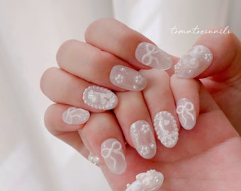 Pearly Bunny Bow, White Pearl Glaze Nails, Cute Sweet Bunny Nails, Kawaii Pearl Hear Nails, 3D Bow Nails, Custom Press On Nails