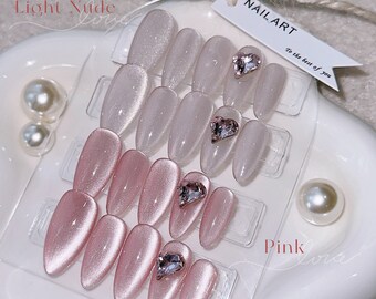 Gema de corazón de terciopelo rosa, uñas de corazón de fresa, uñas postizas rosas, uñas de ojo de gato, uñas hechas a mano, uñas personalizadas, uñas reutilizables