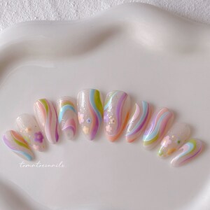 Pastel Flower Swirl Nails, Glitter Flower Reusable Nails, Colorful Spring & Summer Nails , Hand Painted Nails, Kawaii Pastel False Nails