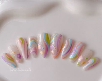 Pastellblumen Swirl Nägel, Glitter Flower wiederverwendbare Nägel, Bunte Frühling & Sommer Nägel, Handgemalte Nägel, Kawaii Pastell False Nails