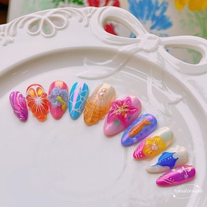 Hibiscusbries, strandfeestnagels, kleurrijke pijlstaartrognagels, leuke zomernagels, vakantienagels, schattige zeesternagels, schattige oranje 3D-nagels, kleurrijke pijlstaartrognagels