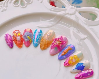 Hibiscus Breeze, Beach Party Nails, Colorful stingray Nails, Cute Summer Nails, Vacation Nails, Cute starfish Nails, Cute Orange 3D Nails