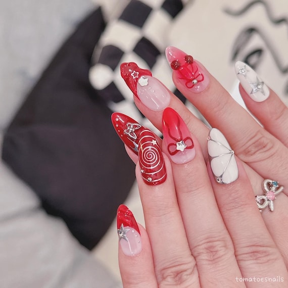Cherry Red Wine2k, Y2K Nails ,chrome Nails ,3D Bow Nails, Butterfly Nails, Cherry Nails, Liquid Metal Nails, Reusable Nails - Etsy Cherry Red Wine2k, Y2K Nails ,chrome Nails ,3D Bow Nails, Butterfly Nails, Cherry Nails, Liquid Metal Nails, Reusable Nails - Etsy