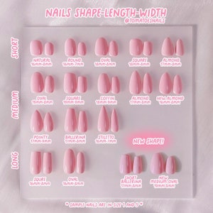 May include: A chart showing different nail shapes and sizes, with measurements in millimeters. The chart is divided into three sections: short, medium, and long. Each section shows a variety of nail shapes, including natural, round, oval, square, almond, coffin, pointy, ballerina, stiletto, and new almond. The chart also includes a new shape, which is a medium oval.