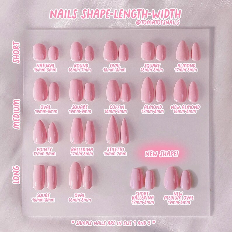 May include: A chart showing different nail shapes and sizes, with measurements in millimeters. The chart is divided into three sections: short, medium, and long. Each section shows a variety of nail shapes, including natural, round, oval, square, almond, coffin, pointy, ballerina, stiletto, and new almond. The chart also includes a new shape, which is a medium oval.