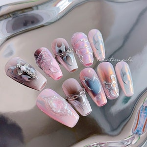 Silver Pink Aurora Chrome, Y2K Nails ,Chrome Nails ,Handmade Custom Nails, Butterfly Nails, Aurora Nails, Liquid Metal Nails, Reusable Nails