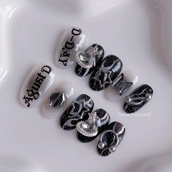 D-Day (Please read the description) BTS SUGA Inspired Nails, Agust D Nails, Y2K Nails, Concert Kpop Nail, Black & White Nails, Cool Nails