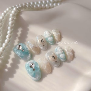 Royal Kitty , Cute Cat Custom initials Press-On Nails , Sweet Blue Opal Kitty Nails , Cute Japanese Nails , Blue Marble Nails