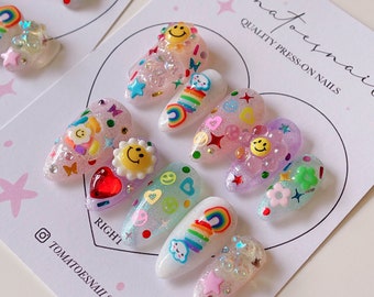 Happy Vibes Nails , Summer Glitter Party Nails , Smiley Cute & Fun Rainbow Nails Set of 10 , Full Decoration Nails