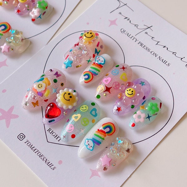 Happy Vibes Nails , Summer Glitter Party Nails , Smiley Cute & Fun Rainbow Nails Set of 10 , Full Decoration Nails