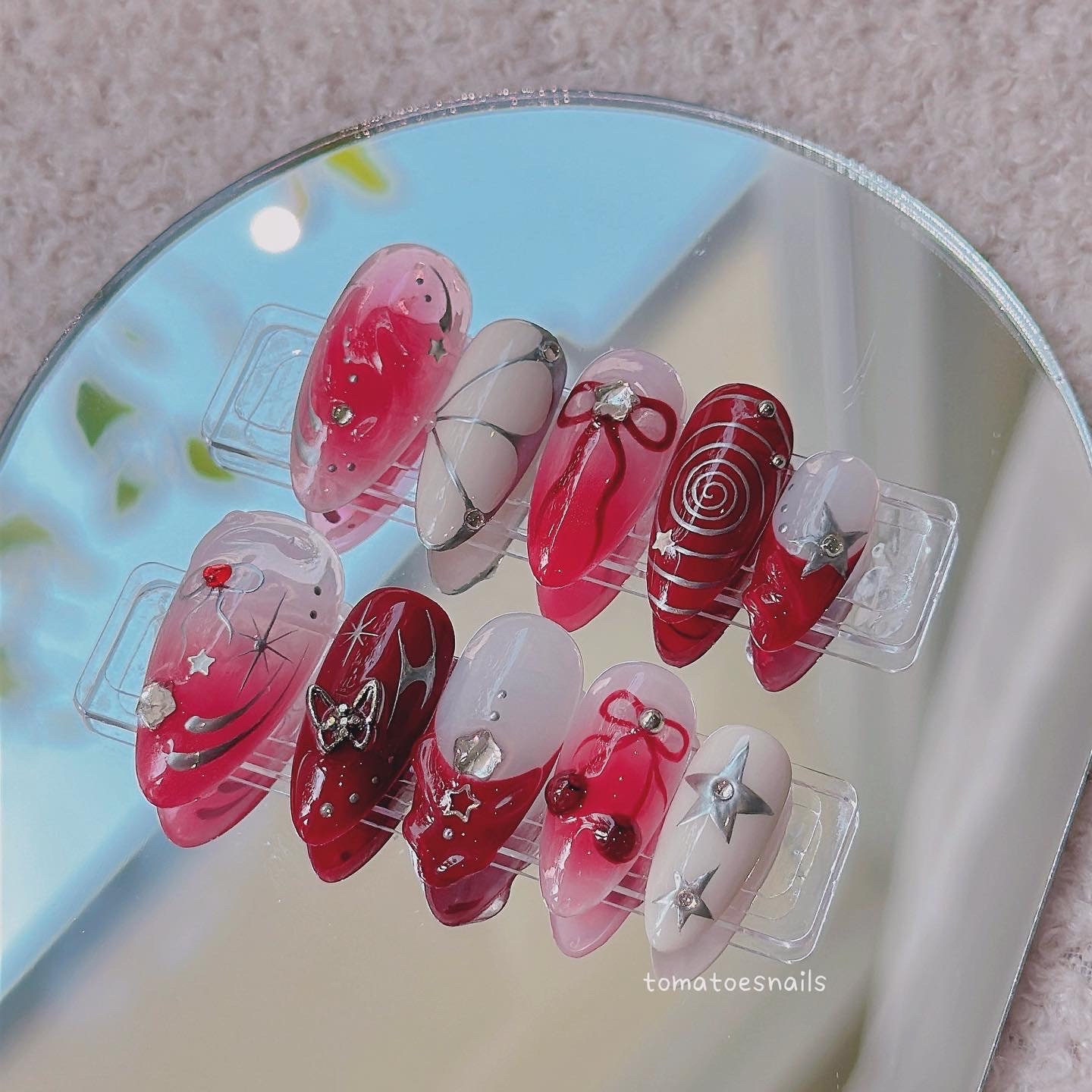 Buy Cherry Red Wine2k, Y2K Nails ,chrome Nails ,3D Bow Nails