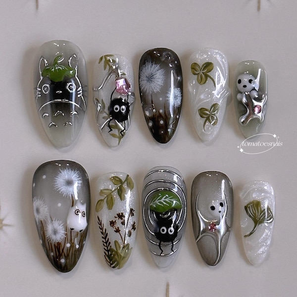 Uñas postizas de criaturas del bosque, lindas uñas de espíritus de hadas, uñas de trébol brillante, uñas de jardín de fantasía, uñas artísticas pintadas a mano.