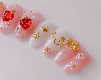Strawberry Meow , Cute Cat Press-On Nails , Sweet Kitty Nails , Strawberry Nails , Kawaii Press-On Nails , Cute Japanese Nails